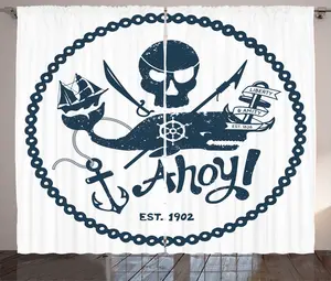 Штора ABAKUHAUS в винтажном деревенском стиле, с изображением черепа морского пирата, для спальни, присборенная тесьма с петлями и крючками, 280 x 175 см, темно-синий с белым