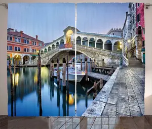 Штора ABAKUHAUS Венецианский деревенский, Утренний рассвет, Город, присборенная тесьма для спальни с петлями и крючками, 280 x 225 см, серо-голубой, коричный Abakuhaus