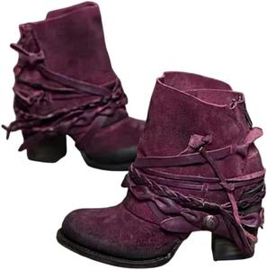 Женские замшевые ботильоны на толстом каблуке с молнией сзади, винтажные вестерн-ботинки для женщин - бохо, повседневные и официальные наряды Hhhchpm, Purple