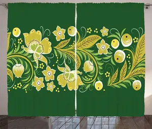 Шторы ABAKUHAUS в русском деревенском стиле, винтажная славянская хохлома, универсальные ленточные шторы для гостиной с петлями и крючками, 280 x 225 см, цвет желтый изумруд Abakuhaus