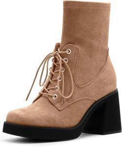 Женские ботильоны на массивном каблуке с квадратным носком, из замши, с шнуровкой Odetina, Tan