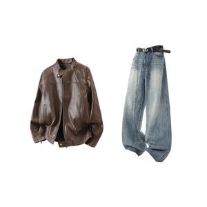 Повседневная спортивная одежда Unisex с воротником стойкой умеренная X1617, коричневый jacket+vintage синий wide leg jeans