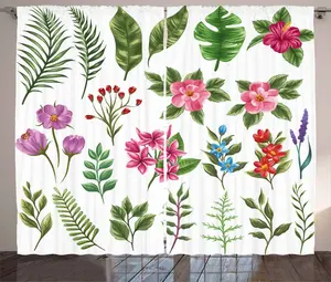 Штора ABAKUHAUS Rustic Plant, экзотические цветы и папоротники, присборенная ленточная штора для спальни с петлями и крючками, 280 x 245 см, разноцветный папоротниково-зеленый Abakuhaus