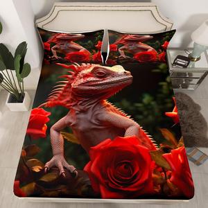 Erosebridal Розовый ящерица комплект постельного белья с красными розами и романтичными цветами, дикий животный принт рептилии, кавай декор для комнаты, Red Pink