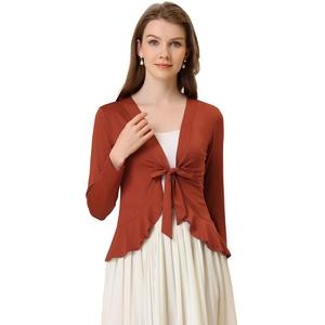 Женский вязаный укороченный кардиган с металлическими рюшами и открытым передом с длинными рукавами ALLEGRA K, цвет Brown Red
