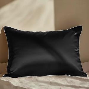 Mellanni Шелковая наволочка, размер Queen (51x66 см), черная с белой окантовкой, с потайной молнией, охлаждающая, для ухода за волосами и кожей