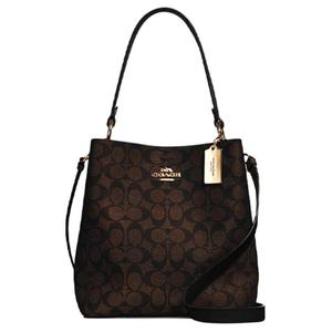 Городская холщовая сумка-ведро с кожаными деталями, через плечо, средний размер, женская, коричневая, с монограммой COACH