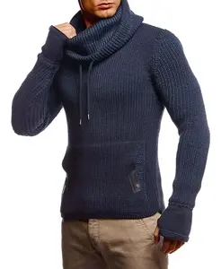Мужской вязаный пуловер с капюшоном и прорезями для большого пальца на манжетах Leif Nelson, синий
