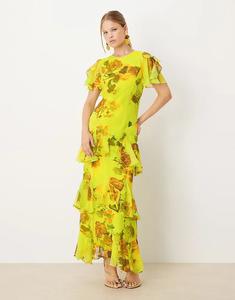 Длинное платье ASOS DESIGN из шифона с оборками и зеленым цветочным принтом