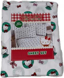 Комплект постельного белья из хлопка с рождественской тематикой Hello Kitty от Jay Franco & Sons, Inc. (белый - платье для елки, венки, банты - размер Queen)