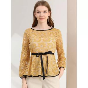 Женские элегантные блузки с завязками на талии и длинными рукавами ко Дню святого Валентина, кружевные блузки с баской ALLEGRA K, белый