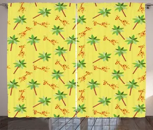 Штора ABAKUHAUS в экзотическом деревенском стиле с мотивами жирафа и пальмы, универсальная ленточная штора для гостиной с петлями и крючками, 280 x 225 см, пастельно-желтый многоцветный Abakuhaus