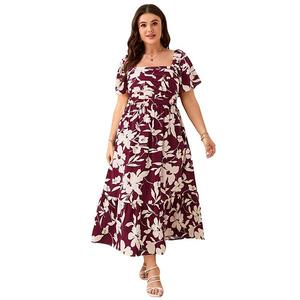 Платье женское plus size casual с цветочным принтом и квадратным вырезом Seoria, Burgundy
