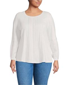 Легкий трикотажный топ больших размеров с кружевом, длинными рукавами и складками Lands' End, Ivory