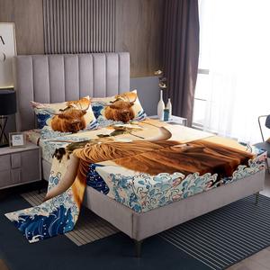 Erosebridal Комплект постельного белья Japanese Style с принтом корги и коров в морских волнах, цветущей сакурой, кавай дизайн для детей, Brown Navy Beige