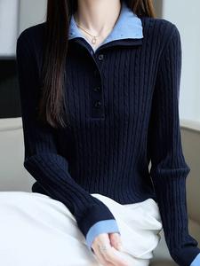 Женская блузка-пуловер из ребристой вязки на пуговицах Doux Belle, цвет Navy