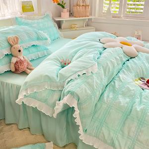 Disney Комплект постельного белья 4 предмета, размер 200×230 см, ткань Bubble Yarn, клетка, цвет водяной зеленый