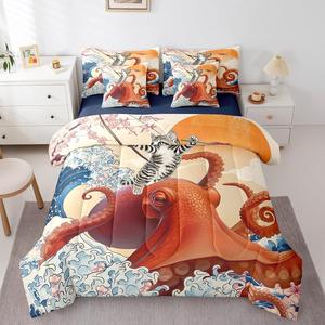 Erosebridal Комплект постельного белья Japanese Style Bed in a Bag с морским принтом в стиле кавай с котиками и осьминогами из мягкого материала, Beige Navy Chocolate Grey