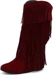 Женские V-образные бахромы и кисточкой, скрытый клин, ковбойский ботинок до колена, заостренный носок, подтягиваемый низкий каблук, противоскользящий Moccasin Keep Warm Плоские ботинки на середине голени BHDJK, Red