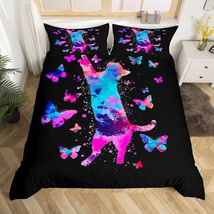 Erosebridal Комплект постельного белья Little Cat с красочным тай-дай принтом летающих бабочек и котят в ирисовых радужных тонах, Multi 16