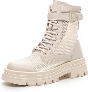 Женские ботинки на шнуровке из натуральной кожи с боковой молнией, модные и комфортные, с круглым носком, рельефной подошвой, низким массивным каблуком, дышащие, для работы и повседневной носки EGEBS, White-Hollow