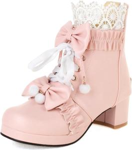 Женские ботильоны на платформе ZKXYFFS, косплей, готическая Лолита, с бантом, на каблуке, на шнуровке, с массивным каблуком, ботинки до щиколотки, кружевные, для вечеринок, туфли, Pink