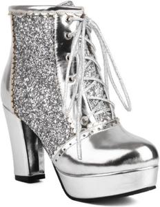 Женские модные ботильоны Aflngle с блестками, круглый носок, платформа, супер высокий каблук, шнуровка, лоскутный дизайн, сверкающие гранулы, массивный каблук, готические боевые ботинки, Silver