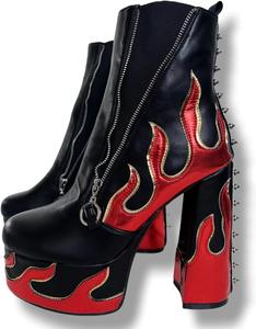 Женские сапожки Frankie Hsu с высокой платформой и толстой шпилькой, черные с готическим красным пламенем и заклепками, большой размер US4-14, обувь для женщин и мужчин