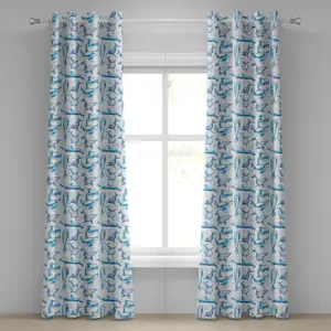 Штора на люверсах ABAKUHAUS Морские животные, рисунок дельфинов-афалин, смеющихся и играющих в океане. Морской принт. Декоративные двухпанельные шторы на окно, 280 см x 245 см, бирюзовый цвет. Abakuhaus