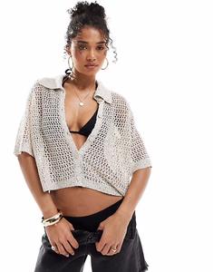 Пляжная рубашка Vero Moda с пайетками и ажурным узором цвета березы