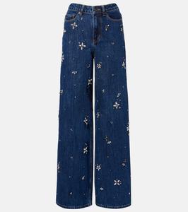 Украшенные джинсы с высокой талией и широкими штанинами Self-Portrait, синий
