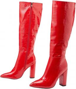 Generic Женские белые кожаные сапоги до колена с принтом, заостренным носком и квадратным каблуком, длинные ботильоны