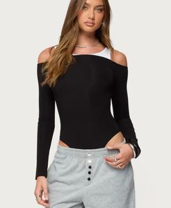 Женский многослойный ребристый боди с открытыми плечами Edikted, Black