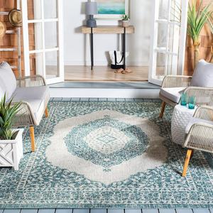Ковер SAFAVIEH, 201 x 201 см, Washable Rug Outdoor Courtyard Collection - Light Grey & Teal, без линьки и простой в уходе, идеален для патио, заднего двора, прихожей (CY8751-37212)