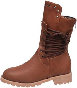 Женские сапоги до середины икры | Свободные массивные ботильоны на низком квадратном каблуке из искусственной кожи с пряжкой, удобные для повседневной и повседневной носки зимой Hhhchpm, Brown