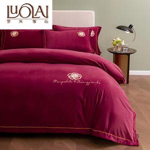 LUOLAI HOME Комплект постельного белья 4 предмета, простыня на резинке 180х200 см, пододеяльник 200х230 см, велюр, цвет камелия винно-красный