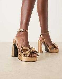Босоножки Nala ASOS DESIGN на платформе с большим бантом и каблуком-каблуком золотистого цвета