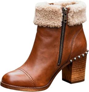 Женские зимние ботильоны XYD с круглым носком, мехом, боковой молнией и невысоким каблуком с заклепками, теплые повседневные туфли, Brown