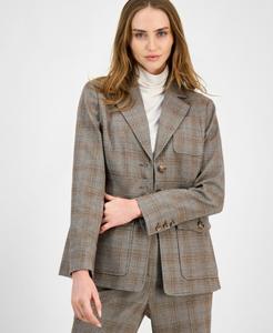 Женский клетчатый жакет с заостренными лацканами и тремя карманами Anne Klein, Soft Birch