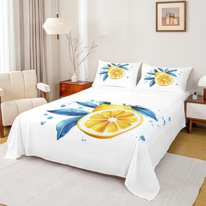 Erosebridal Комплект постельного белья Yellow Lemon с водяными летними растениями в бело-желто-синей гамме, White Blue Yellow