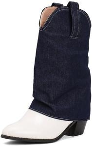 Женские джинсовые ковбойские ботинки UniqueStride с отворотом до середины икры, западный стиль, округлый носок, массивный каблук, ковбойские ботинки с заклепками, Dark Blue Denim