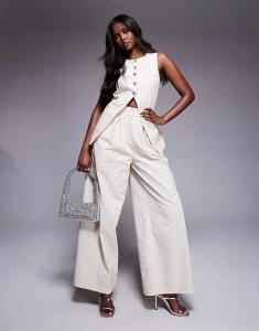 Льняные брюки широкого кроя с декоративной отделкой ASOS LUXE кремового цвета