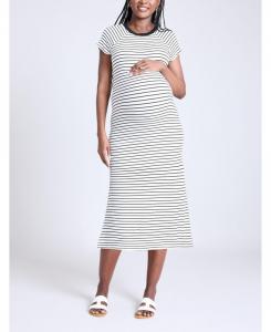 Платье-миди с короткими рукавами и рукавами реглан для беременных из трикотажа в рубчик - Материнство Motherhood Maternity, White & black stripe