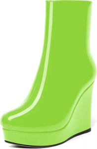 Женские лаковые ботильоны AMBELIGHT с молнией, на платформе, однотонные, с круглым носком, на клиновидном каблуке, средняя голень, 4 дюйма, Lime Green