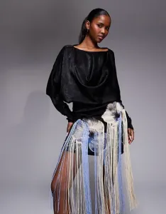 Черное атласное платье мини с бахромой и цветочной вышивкой ASOS DESIGN