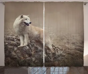 Штора ABAKUHAUS "Белый волк на скалах", деревенский рисунок, присборенная штора для спальни с петлями и крючками, 280 x 245 см, теплый серо-коричневый Abakuhaus