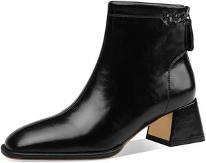 Женские ботильоны TinaCus из натуральной кожи с квадратным носком, ручной работы, с задней молнией, средним массивным каблуком, повседневные, Black