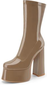 Женские ботильоны на платформе с высоким массивным каблуком, круглым носком, модной молнией, из кожи, ботинки GoGo для вечеринок и рейвов Perisis, Brown Patent