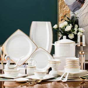 Yichen Набор тарелок и мисок 2022, простой европейский стиль, фарфоровая посуда из костяного фарфора Jingdezhen для новоселья, 56 предметов, квадратный практичный набор с чайником Tiangui
