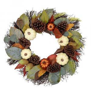 Венок из урожая искусственной тыквы и сосновой шишки Northlight, зеленый